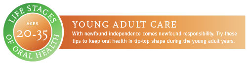 Ages 20 to 35. Young adult care. With newfound independence comes newfound responsibility. Try these tips to keep oral health in tip-top shape during the young adult years.