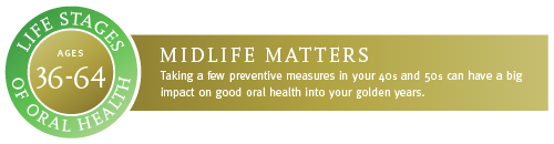 Ages 36 to 64. Midlife matters. Taking a few preventive measures in your 40s and 50s can have a big impact on good oral health into your golden years.